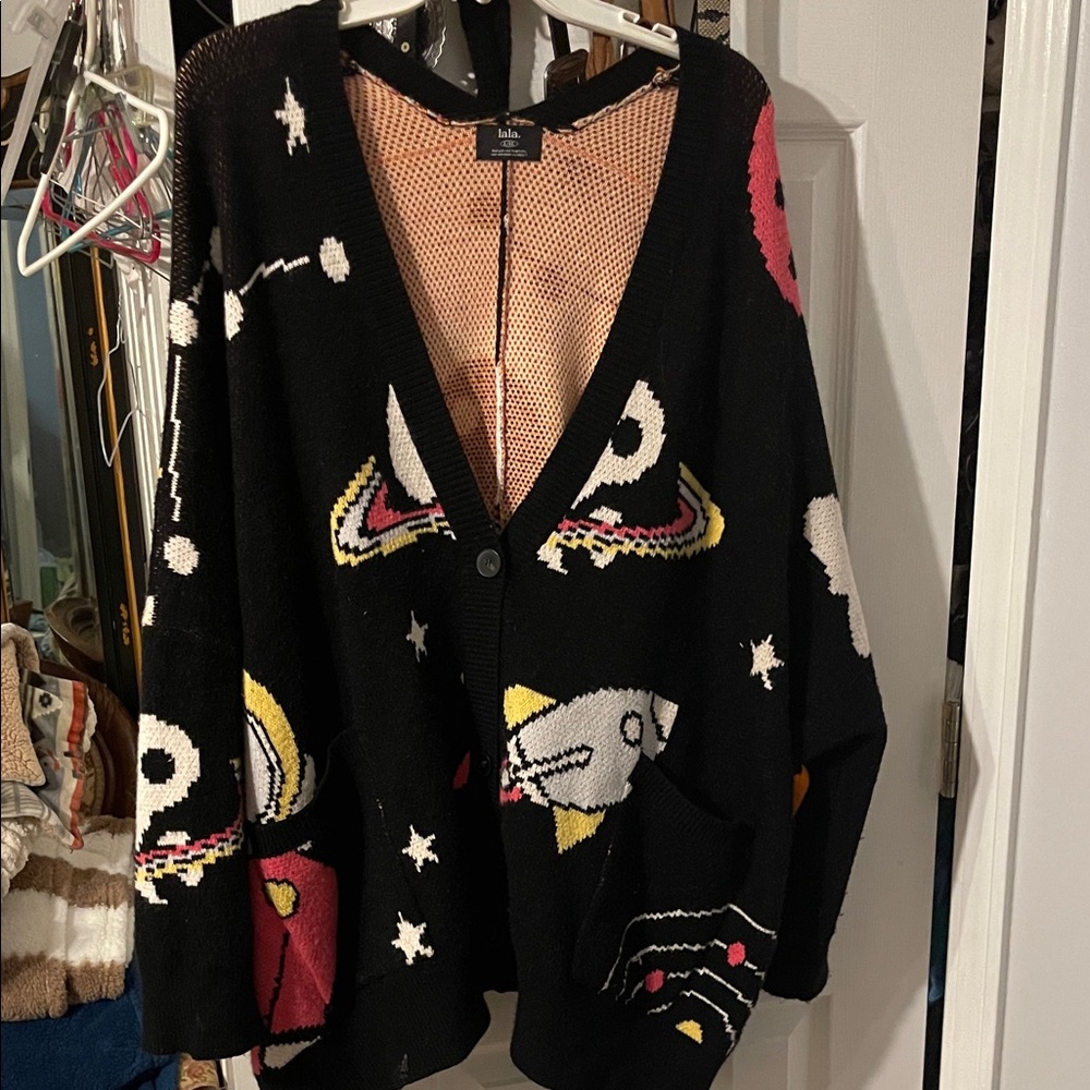 Dressed in LALA Black Cardigan with Colorful Graphics